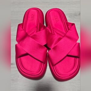 ZARA Fuchsia Satin Cross-Band Slide Sandals